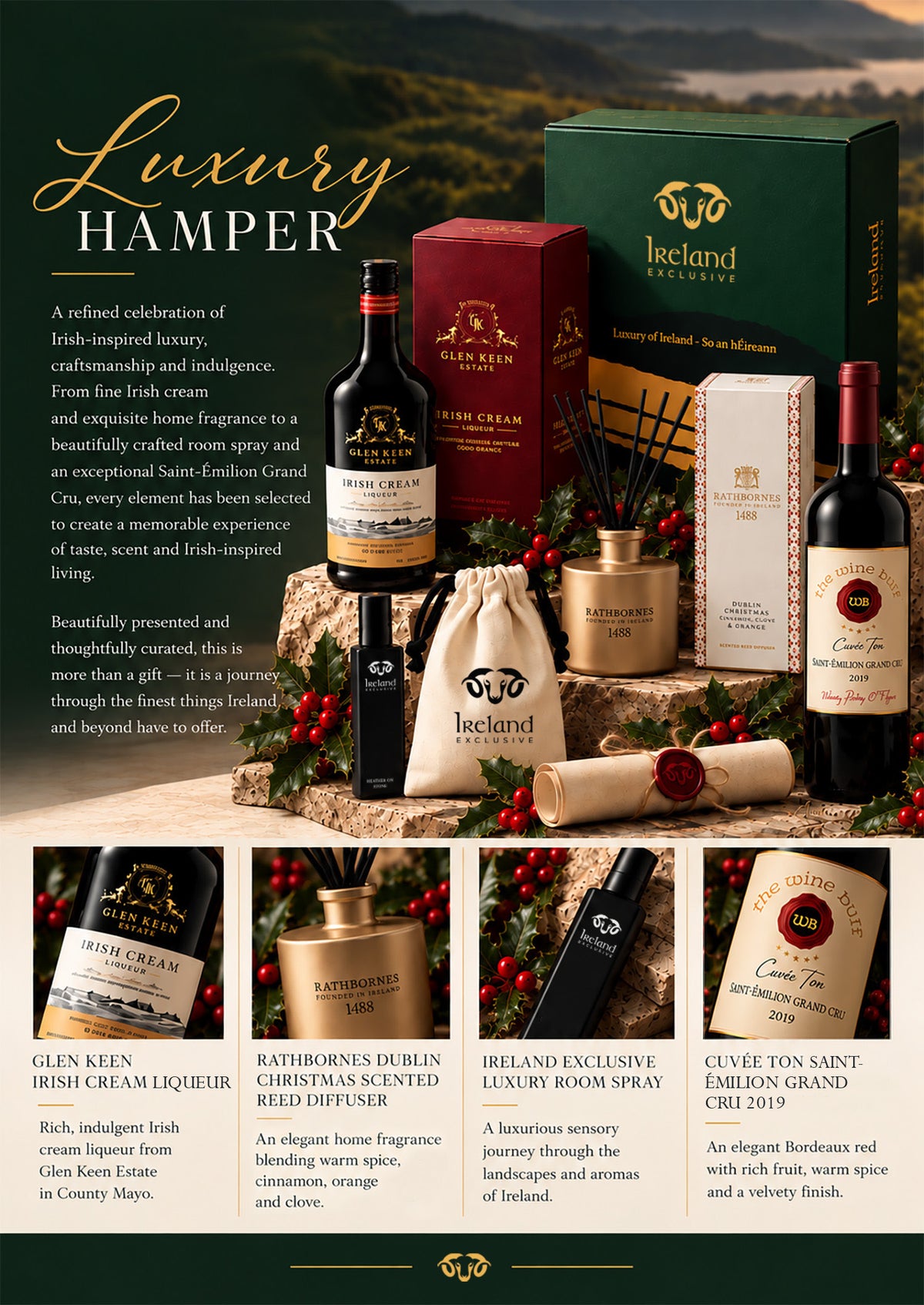 Luxury Christmas hamper in Ireland Exclusive presentation packaging, with Glen Keen Irish Cream Liqueur, Rathbornes diffuser, room spray and Cuvée Ton red wine.