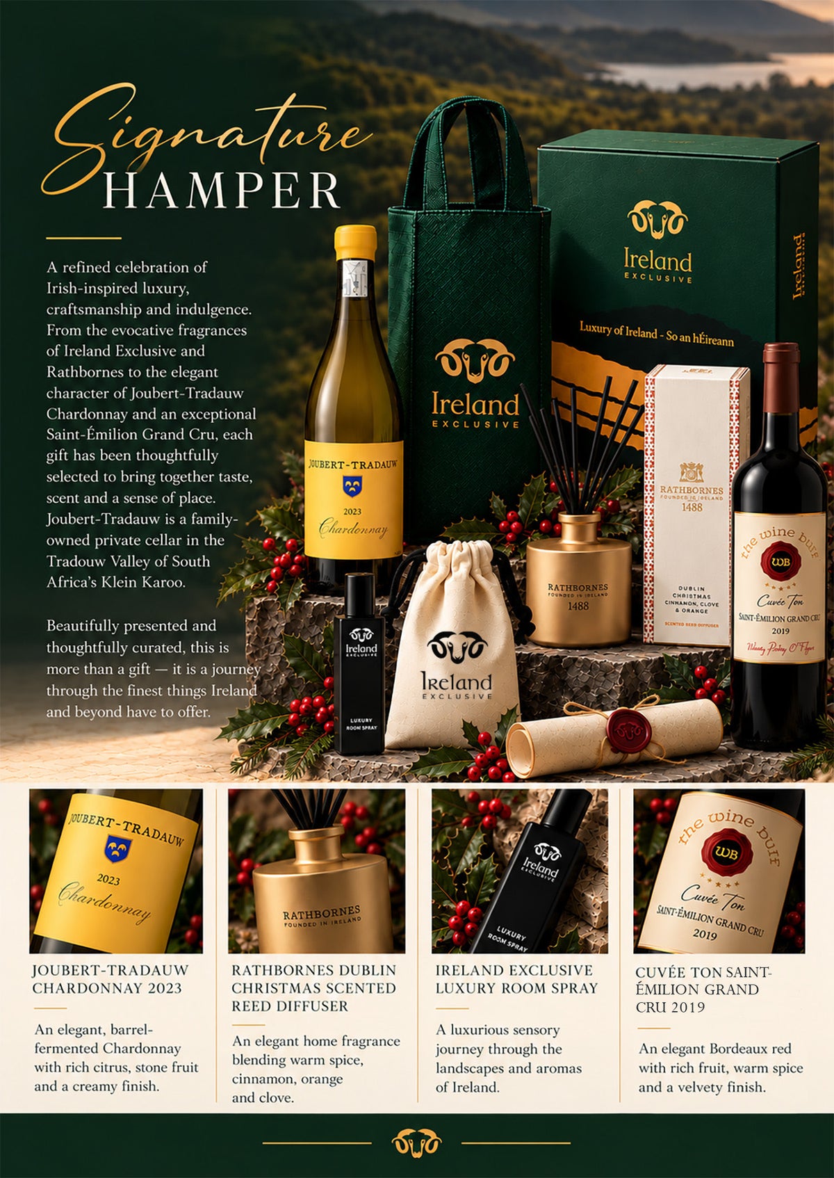 Signature Christmas hamper in Ireland Exclusive presentation packaging, with Joubert-Tradauw Chardonnay, Rathbornes diffuser, room spray and Cuvée Ton red wine.